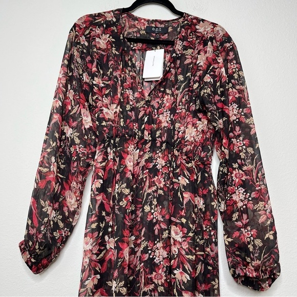O.P.T. Long Puff Sleeve Floral Cinched Waist V Neck Sheer Maxi Dress Small NWT - Picture 2 of 12